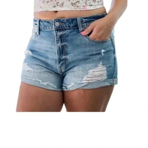 EUNINA KARA Distressed Super High Rise High Low Rolled Shortie Denim Shorts - Picture 1 of 9